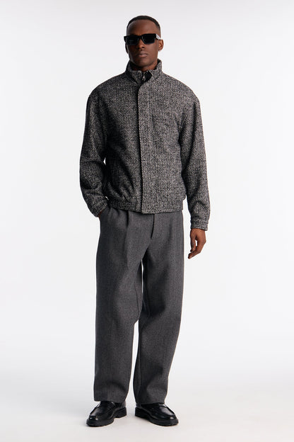 Elevated Textured Mock Neck Bomber Jacket - Black/White