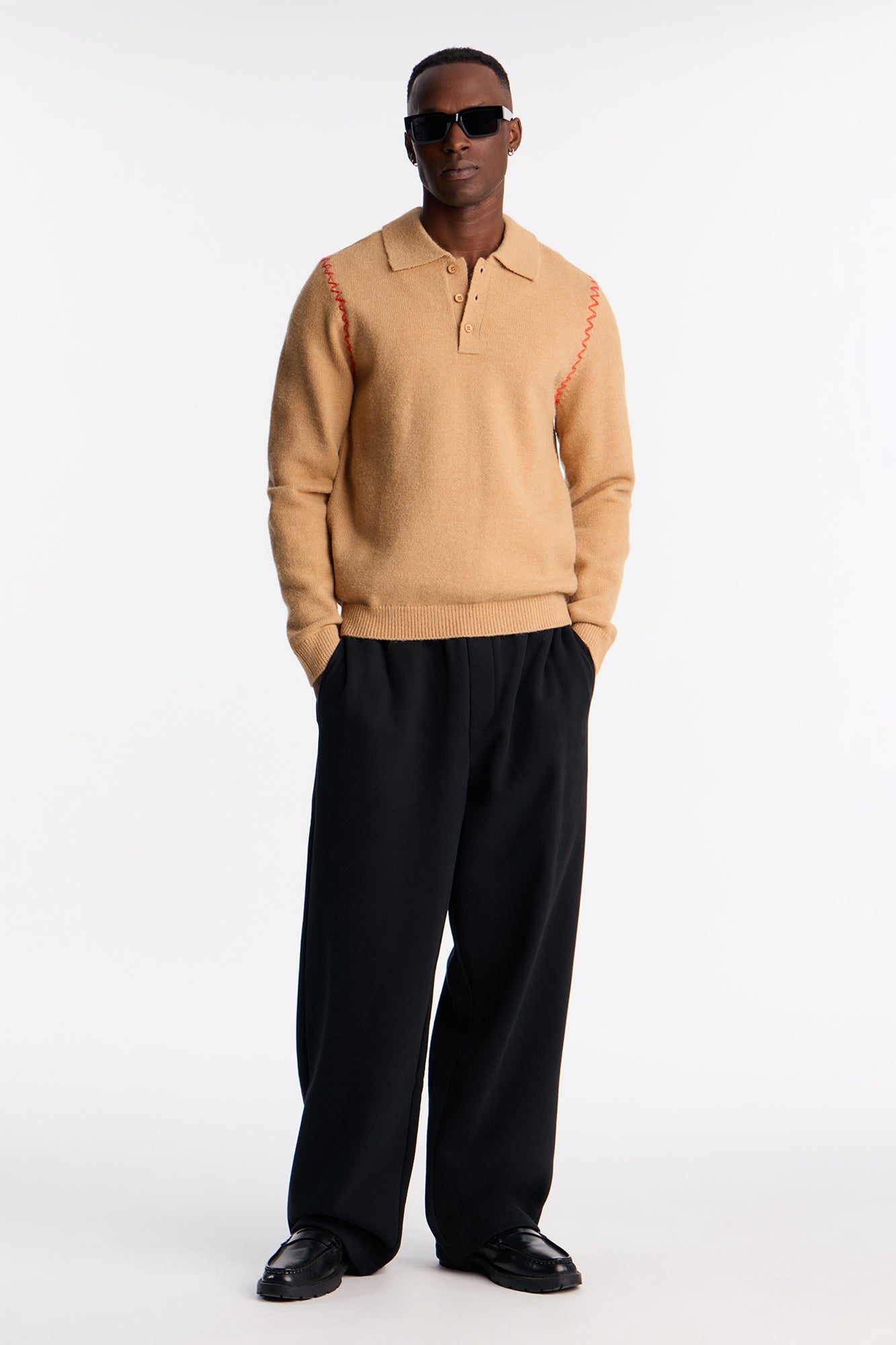 Crispin Contrast Stitch Sweater Polo - Tan