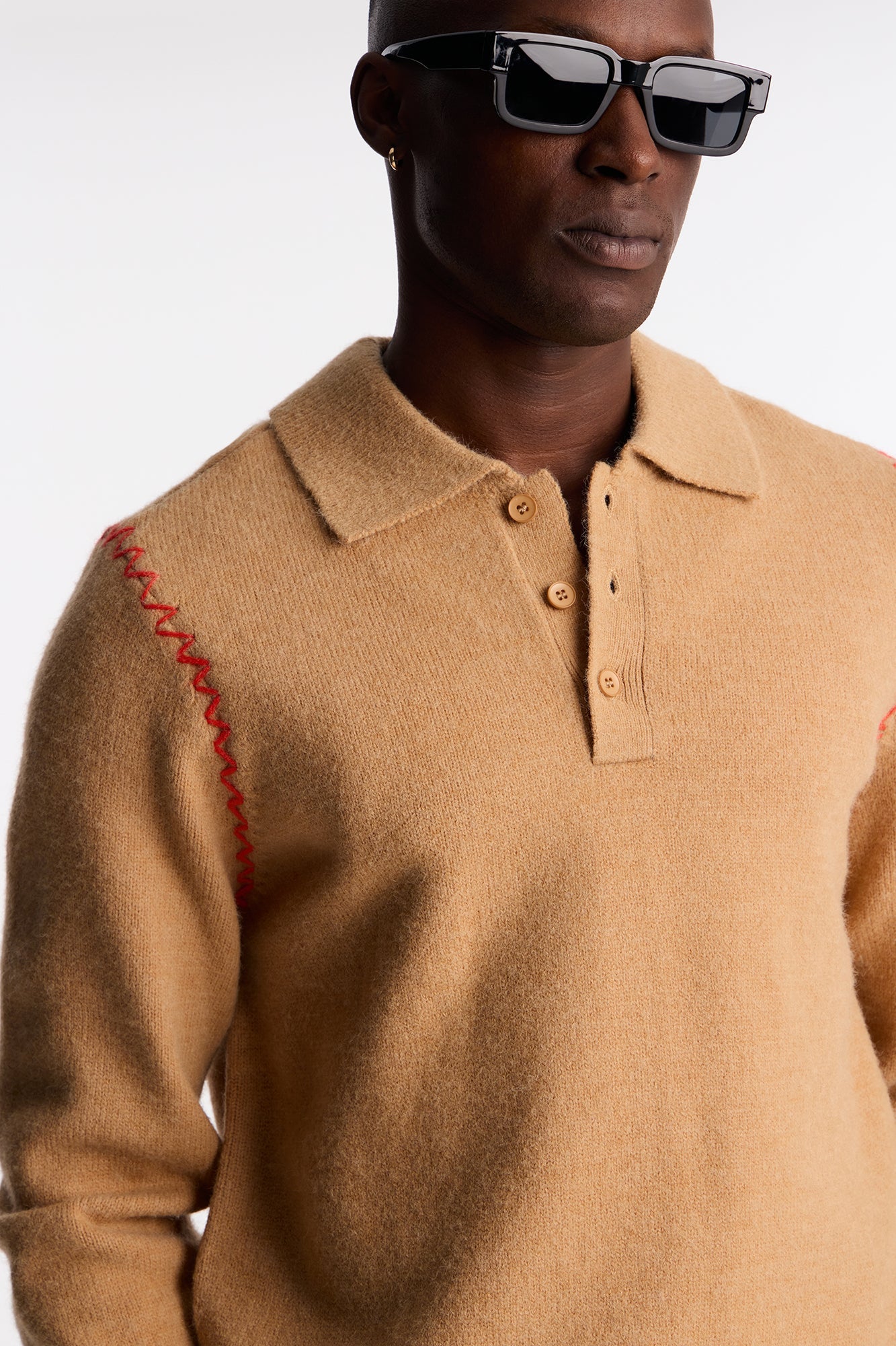 Crispin Contrast Stitch Sweater Polo - Tan