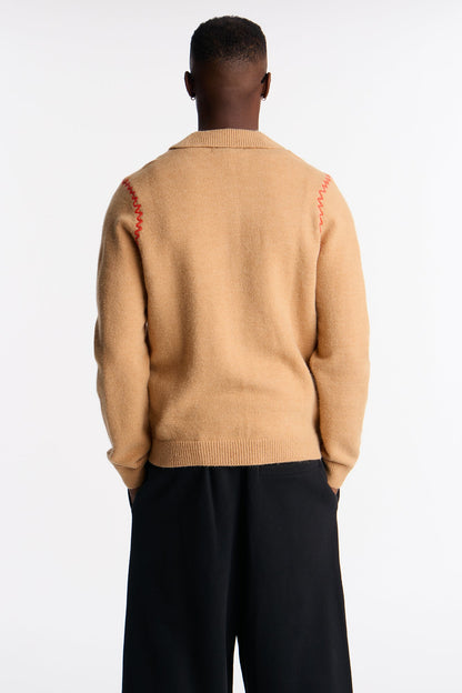 Crispin Contrast Stitch Sweater Polo - Tan