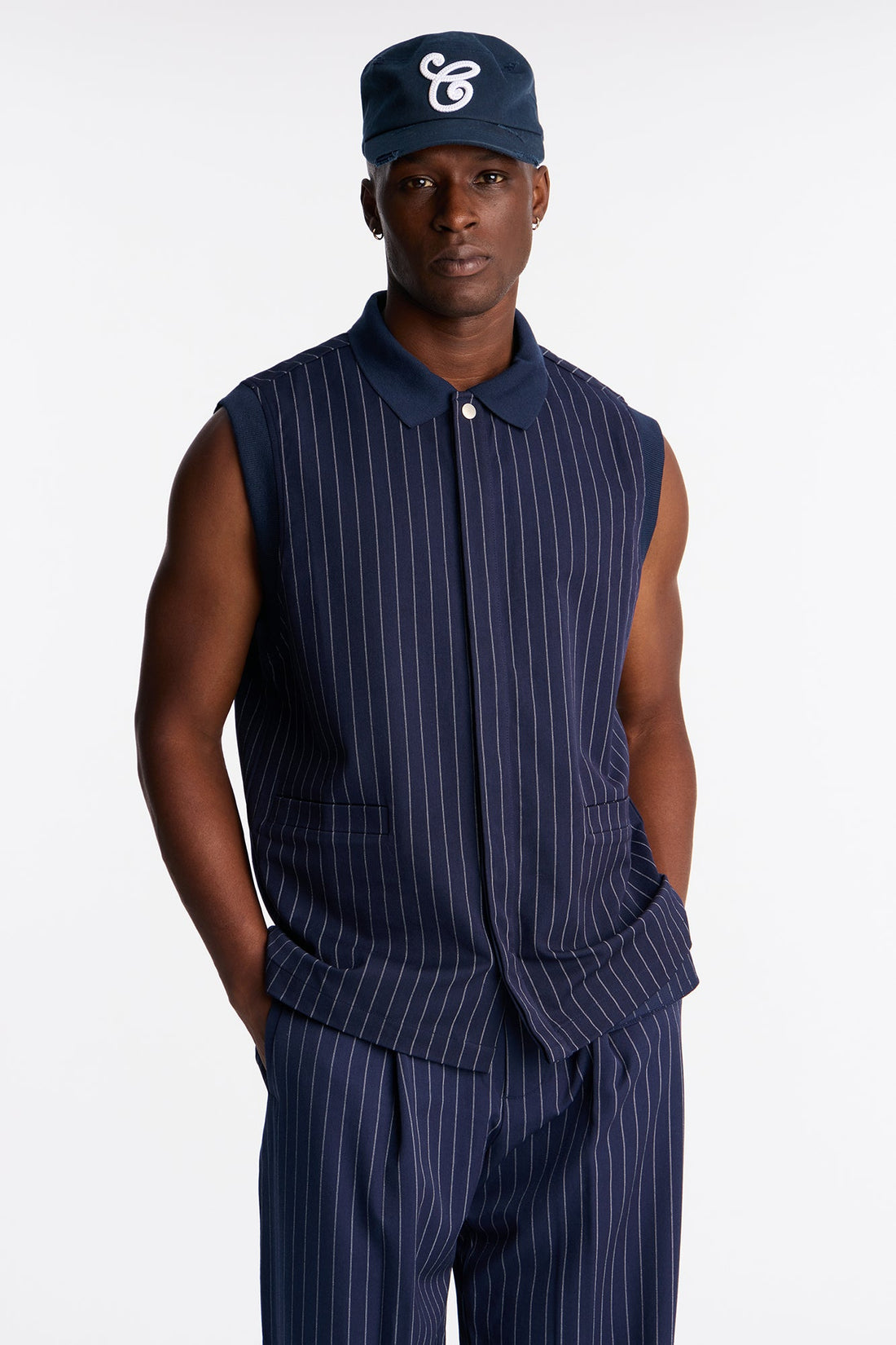 Straight Striped Elevated Vest - Navy