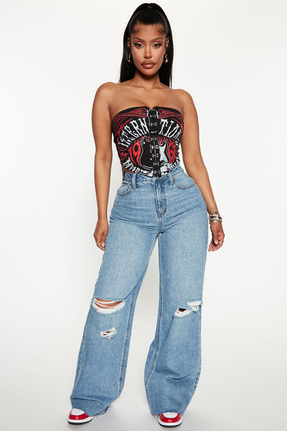 Tough Love Baggy Ripped Straight Leg Jean - Medium Wash