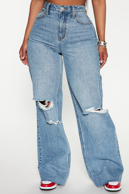 Tough Love Baggy Ripped Straight Leg Jean - Medium Wash