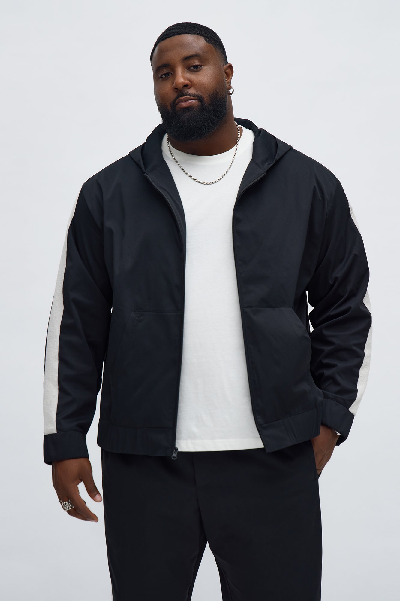 Knit Striped Zip Hooded Jacket - Black