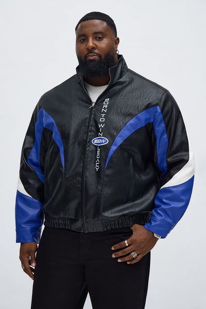 Colorblock Racer Faux Leather Bomber Jacket - Black