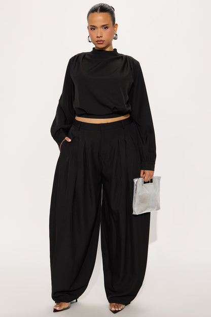 Inez Long Sleeve Pleated Balloon Pant Set - Black