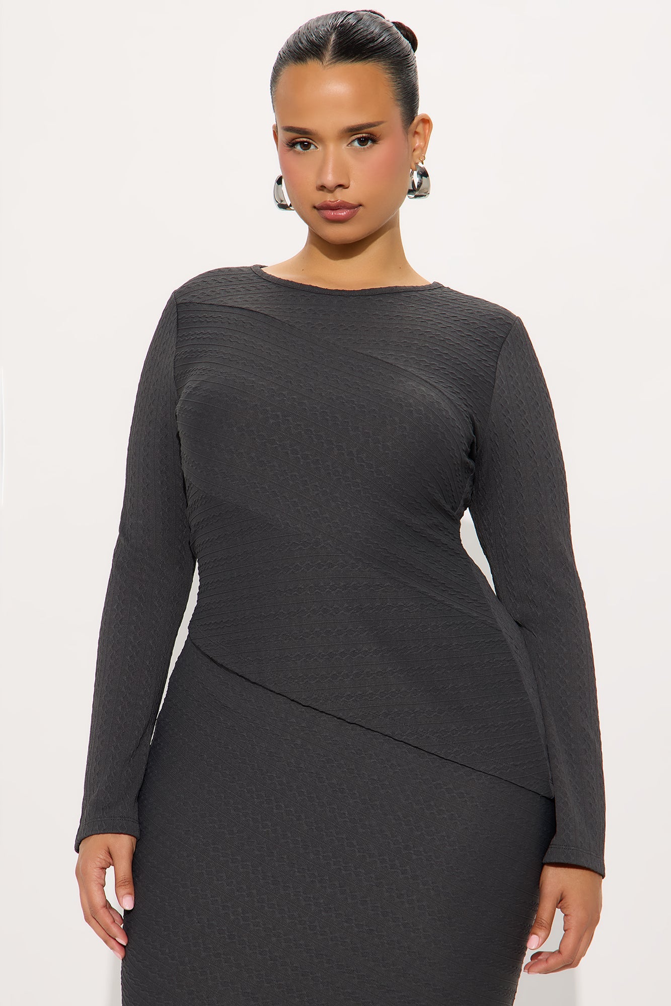 Date Ready Asymmetrical Textured Midi Skirt Set - Charcoal
