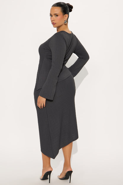 Date Ready Asymmetrical Textured Midi Skirt Set - Charcoal