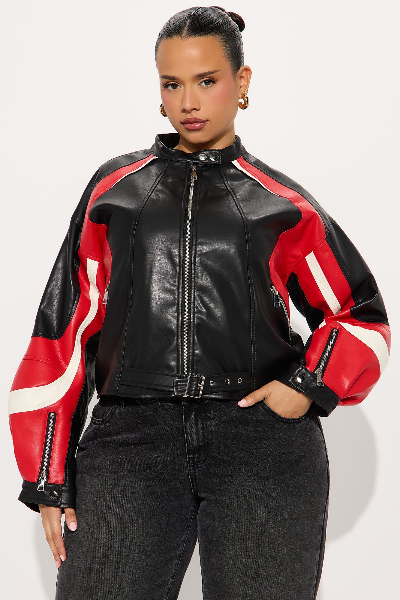 Stay In Line Faux Leather Racing Jacket - Red/combo