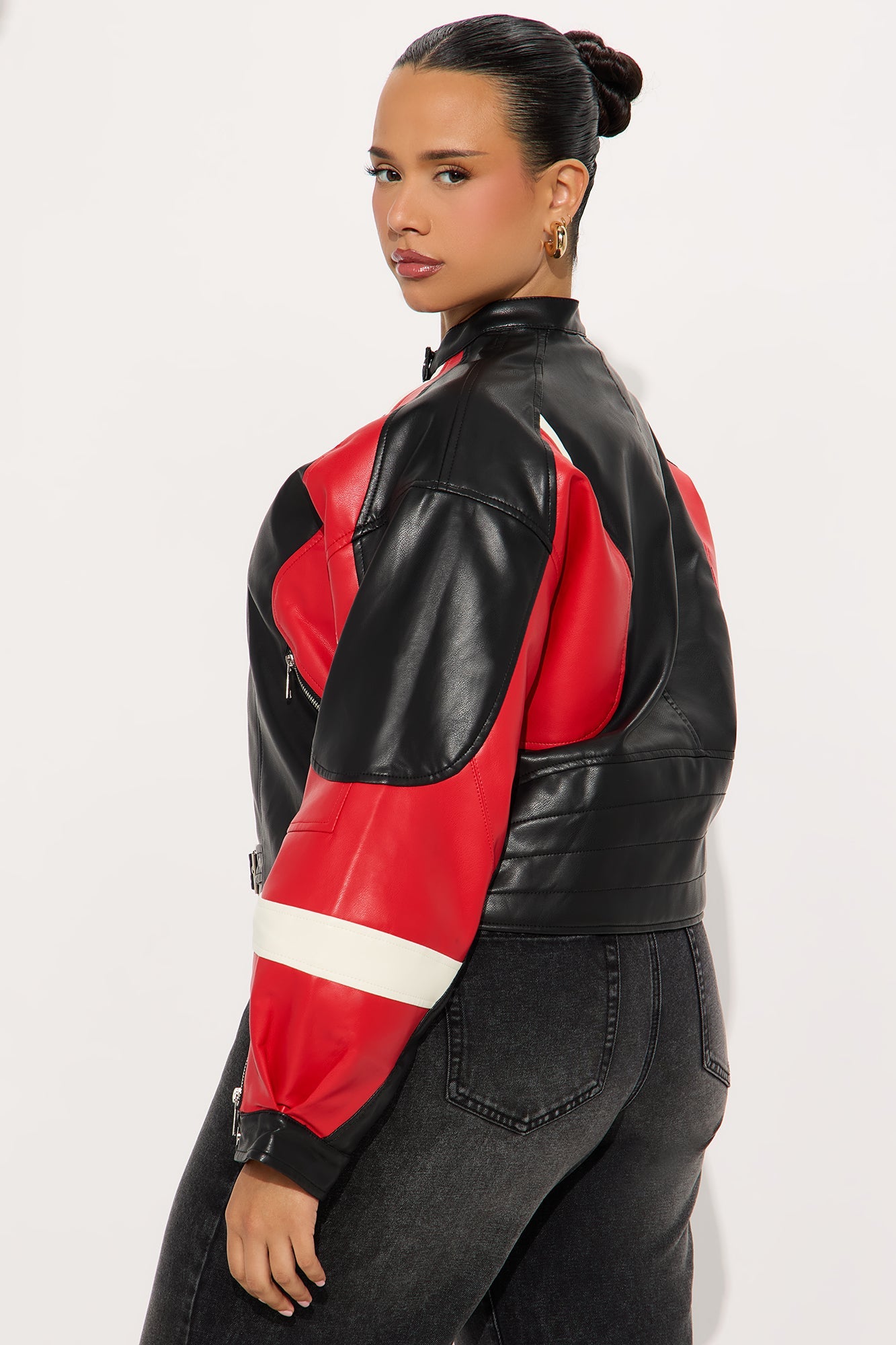 Stay In Line Faux Leather Racing Jacket - Red/combo