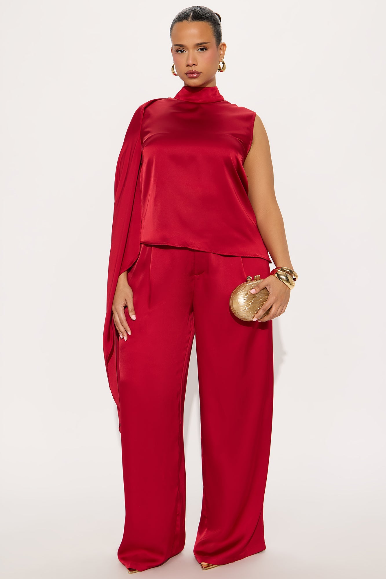 Karina Mock Neck Asymmetrical Wide Leg Pant Set - Red