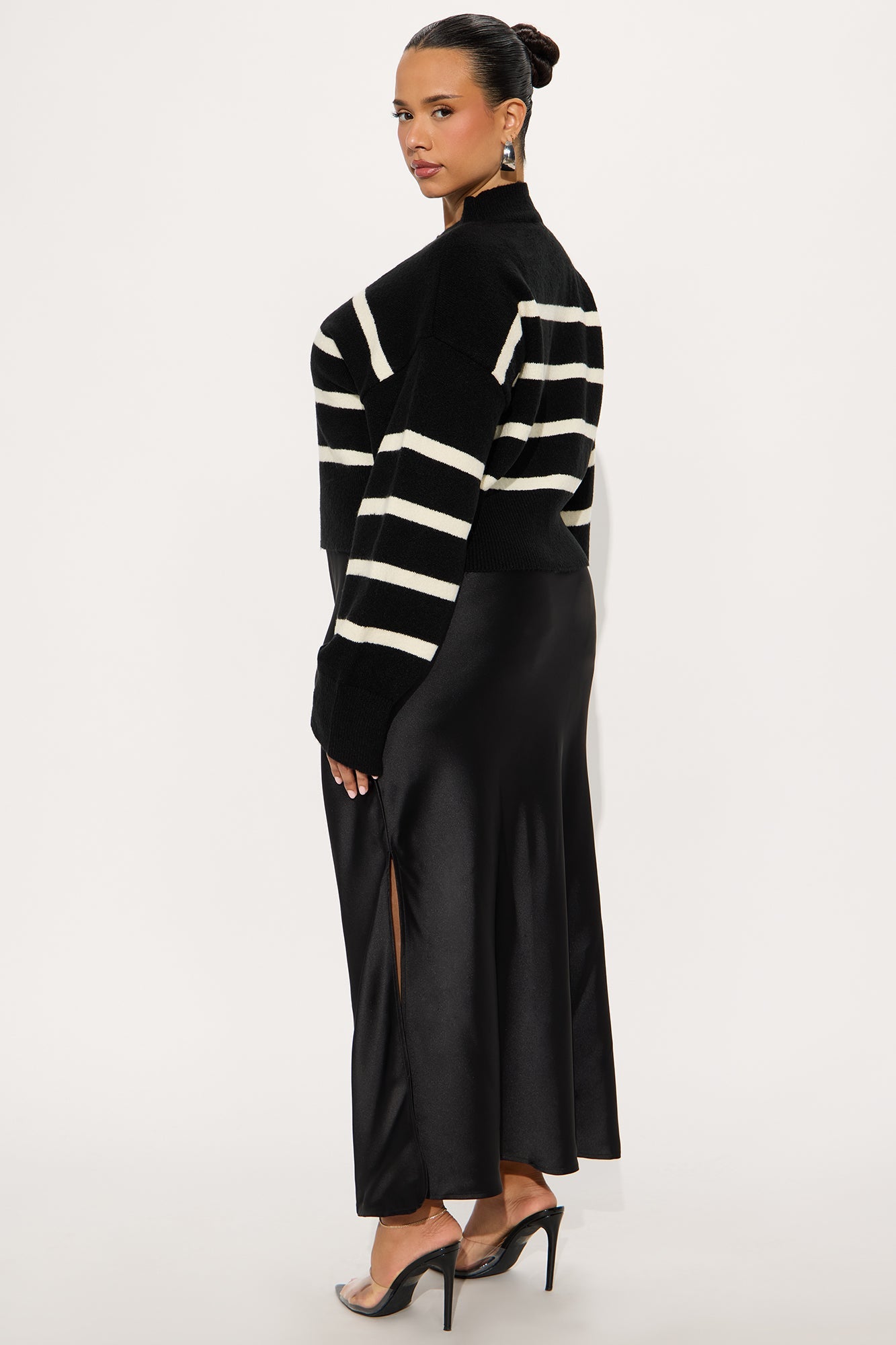 Close Call Satin Sweater Maxi Dress Set - Black/White