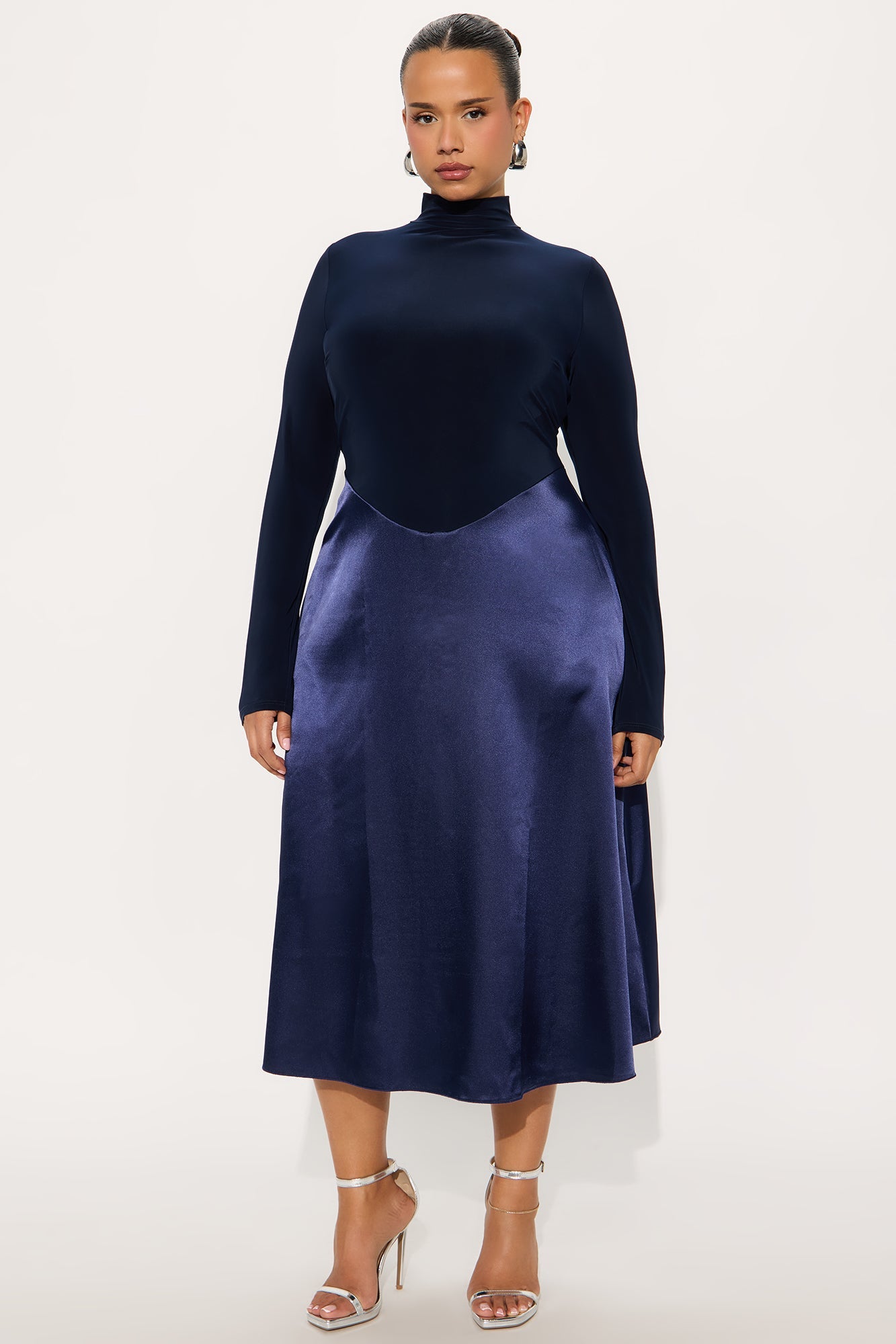 Angie Long Sleeve Satin Midi Dress - Navy