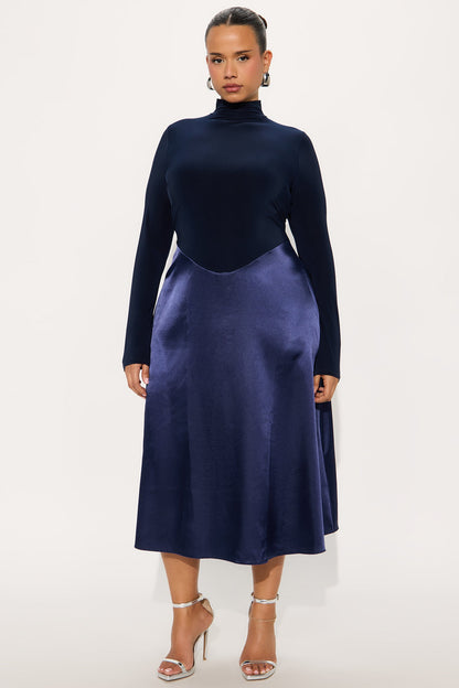 Angie Long Sleeve Satin Midi Dress - Navy