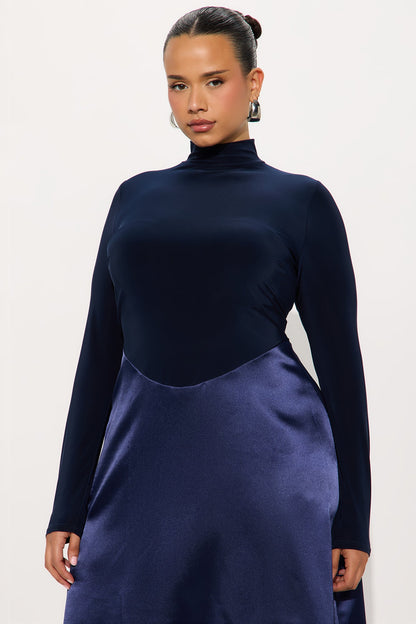 Angie Long Sleeve Satin Midi Dress - Navy