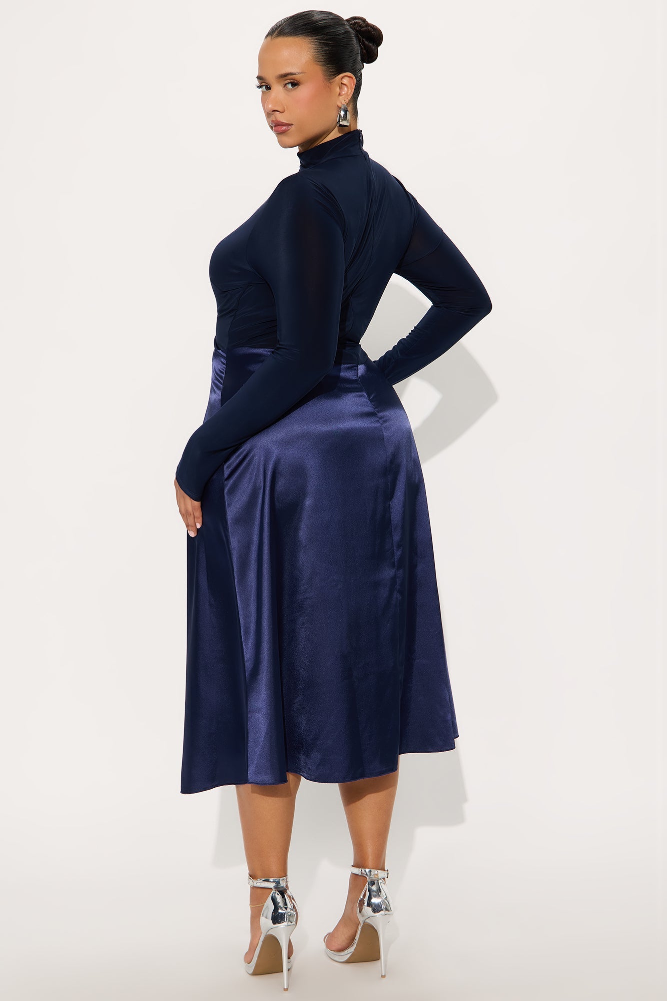 Angie Long Sleeve Satin Midi Dress - Navy