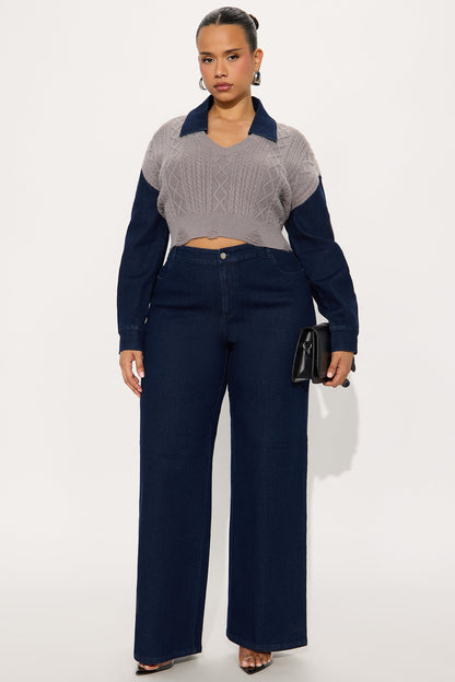 Kaitlyn Denim Sweater Mix Pant Set - Denim