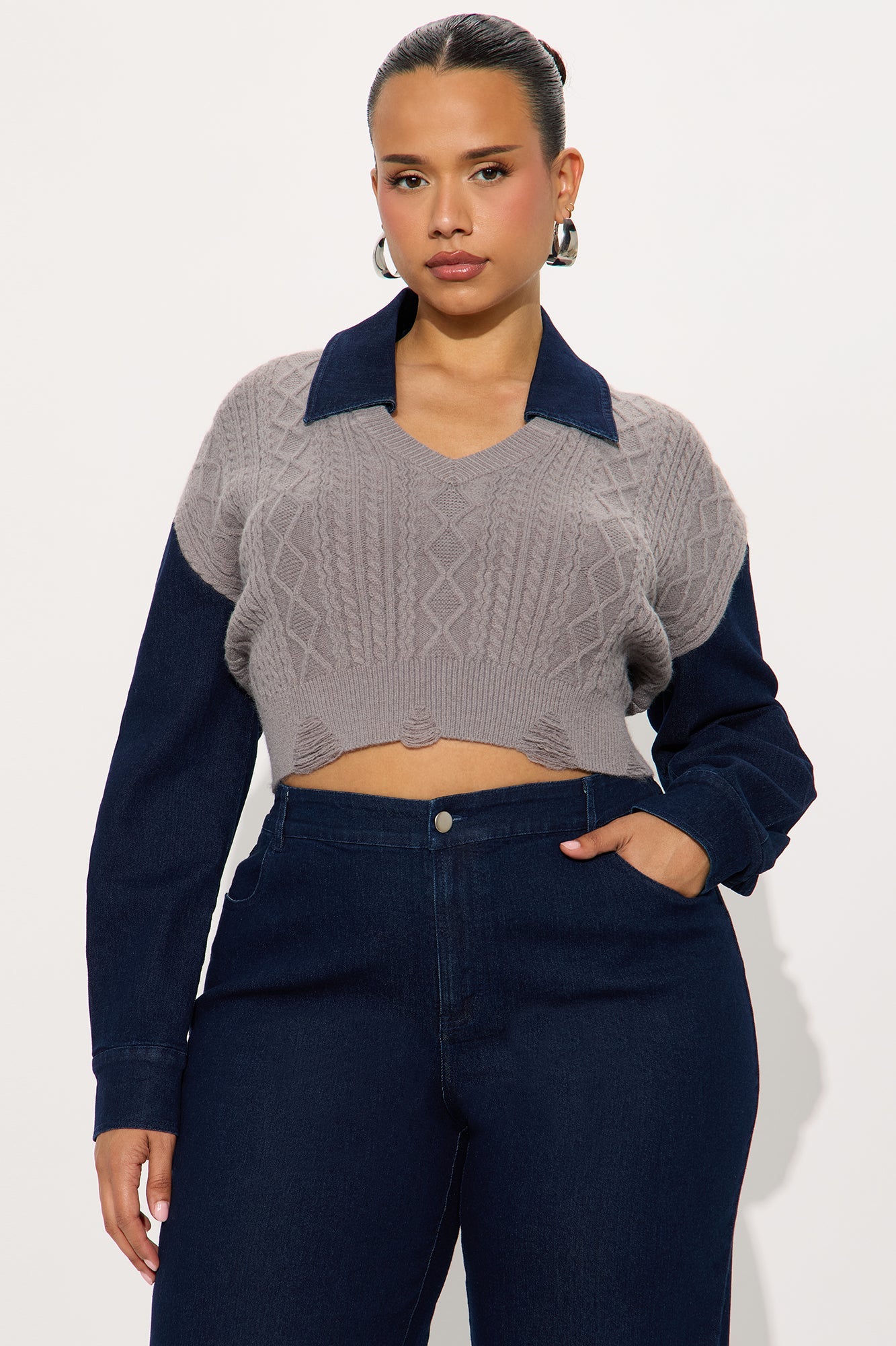 Kaitlyn Denim Sweater Mix Pant Set - Denim
