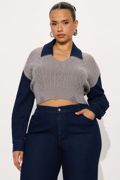 Kaitlyn Denim Sweater Mix Pant Set - Denim