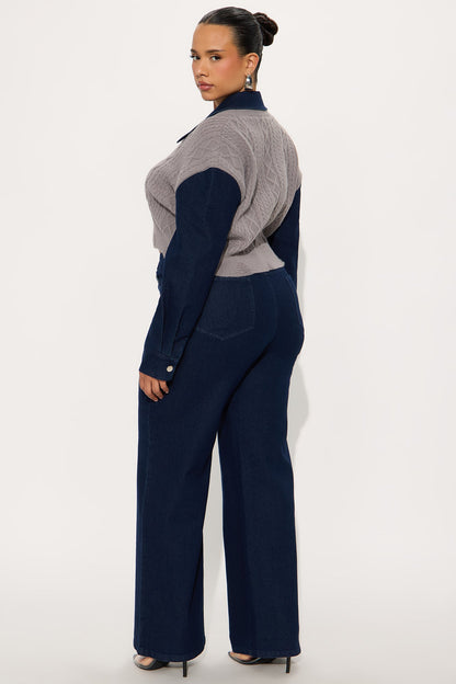 Kaitlyn Denim Sweater Mix Pant Set - Denim