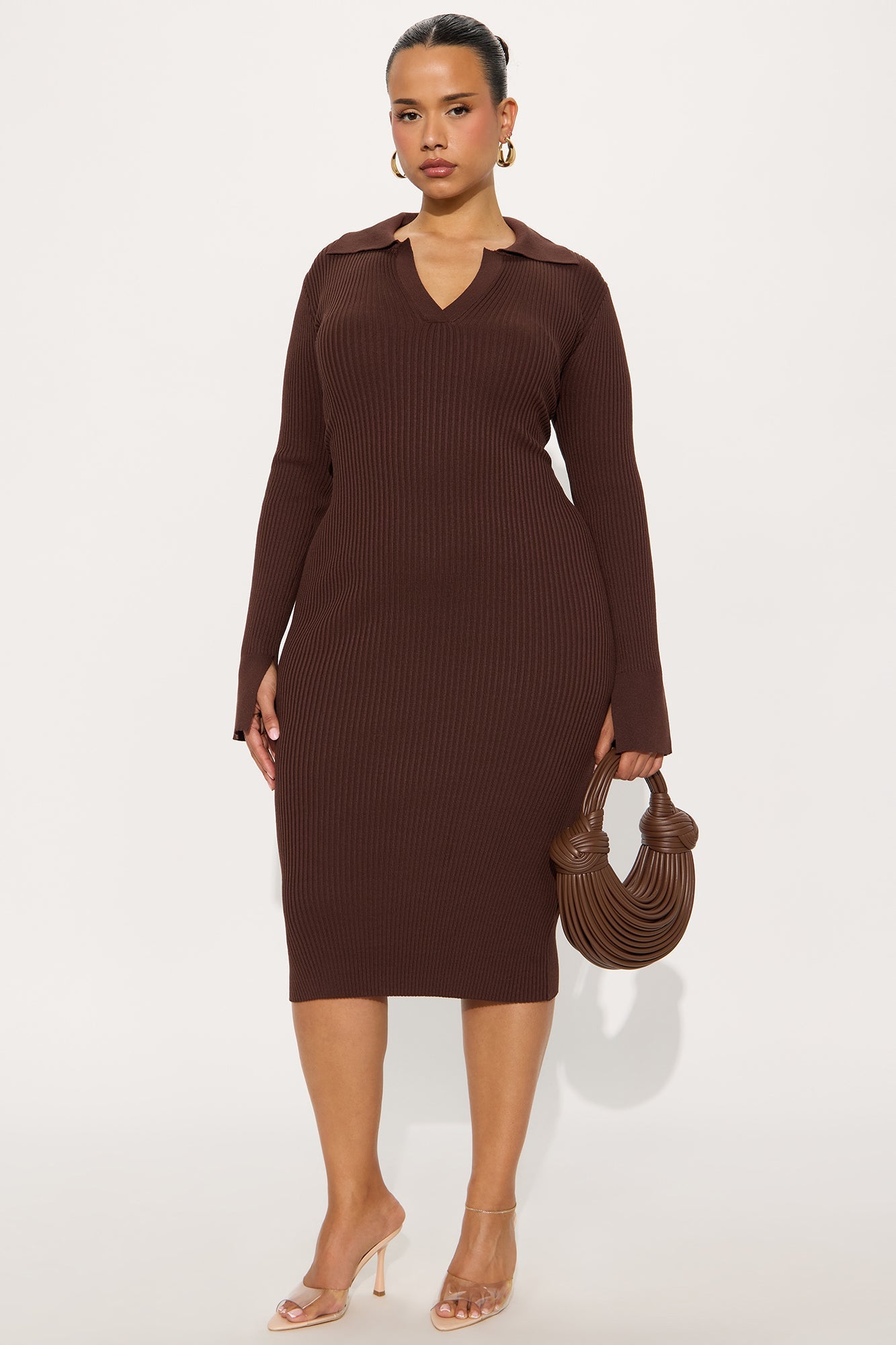 Livia Long Sleeve Ribbed Midi Dress - Chocolate