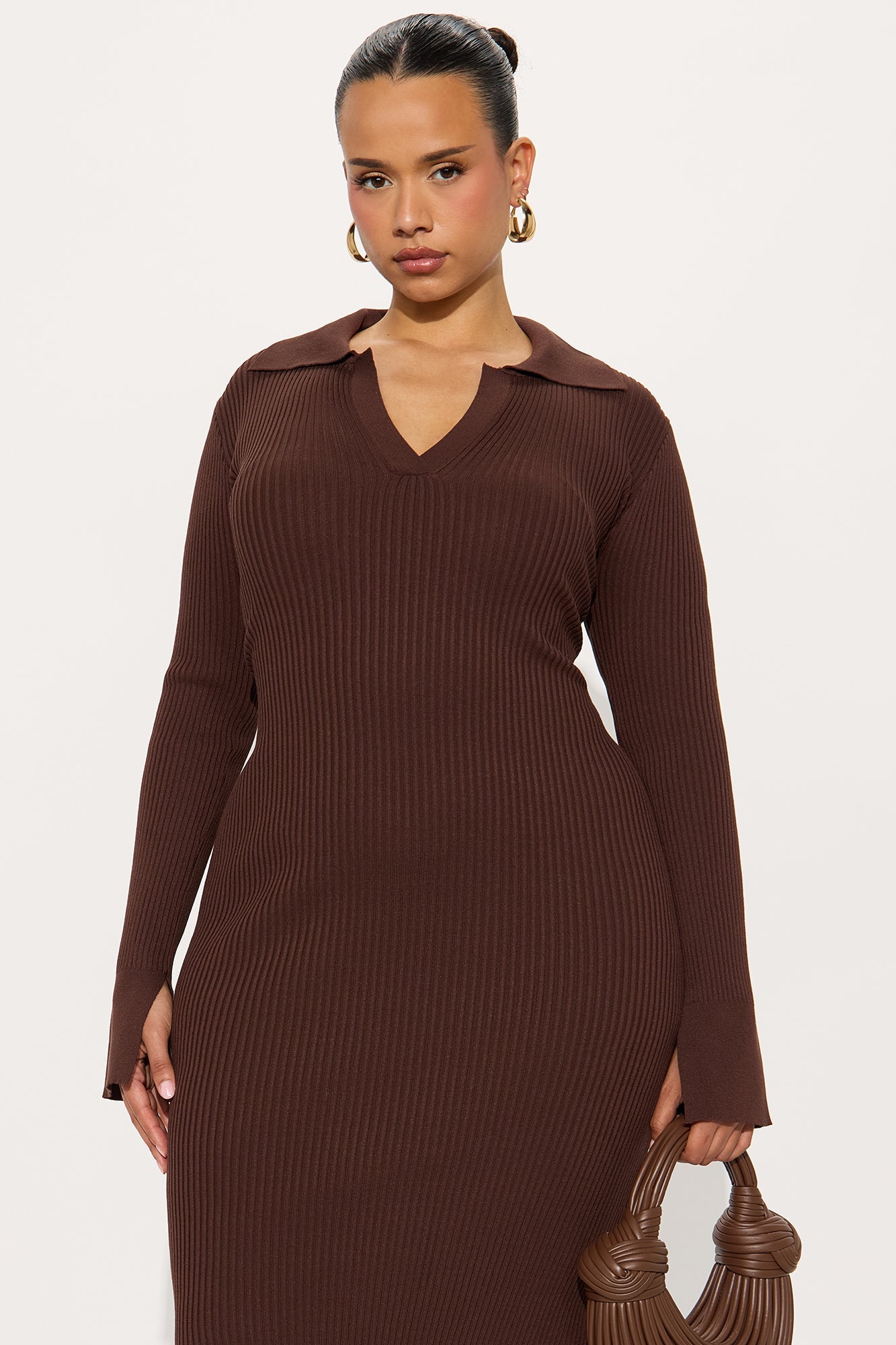 Livia Long Sleeve Ribbed Midi Dress - Chocolate