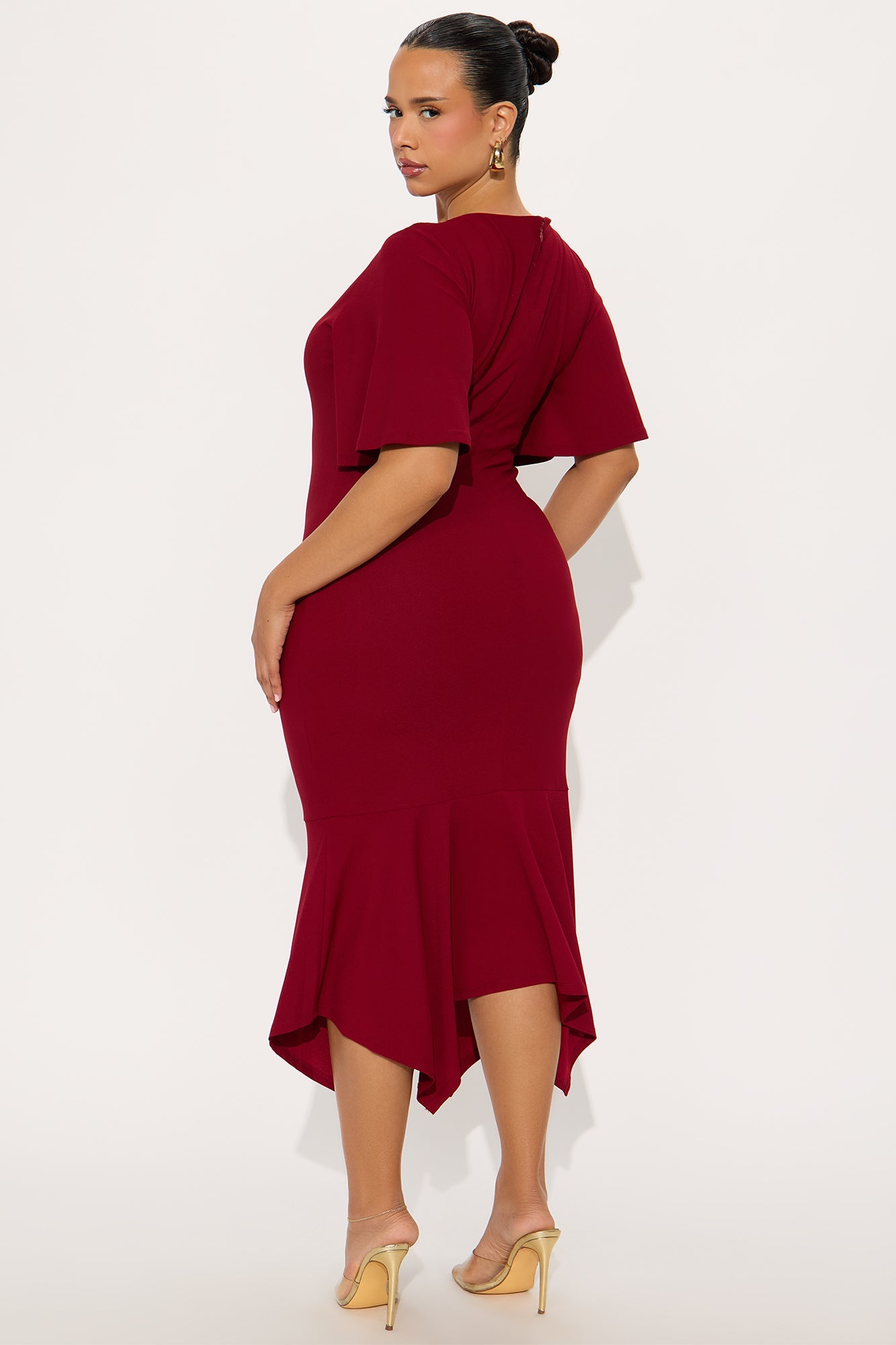 Audrina Asymmetrical Mermaid Midi Dress - Wine