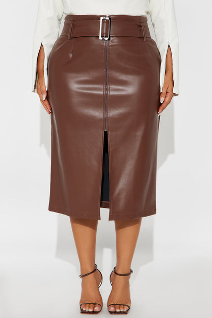 Play Fair Belted Zipper Faux Leather Pencil Skirt - Chocolate
