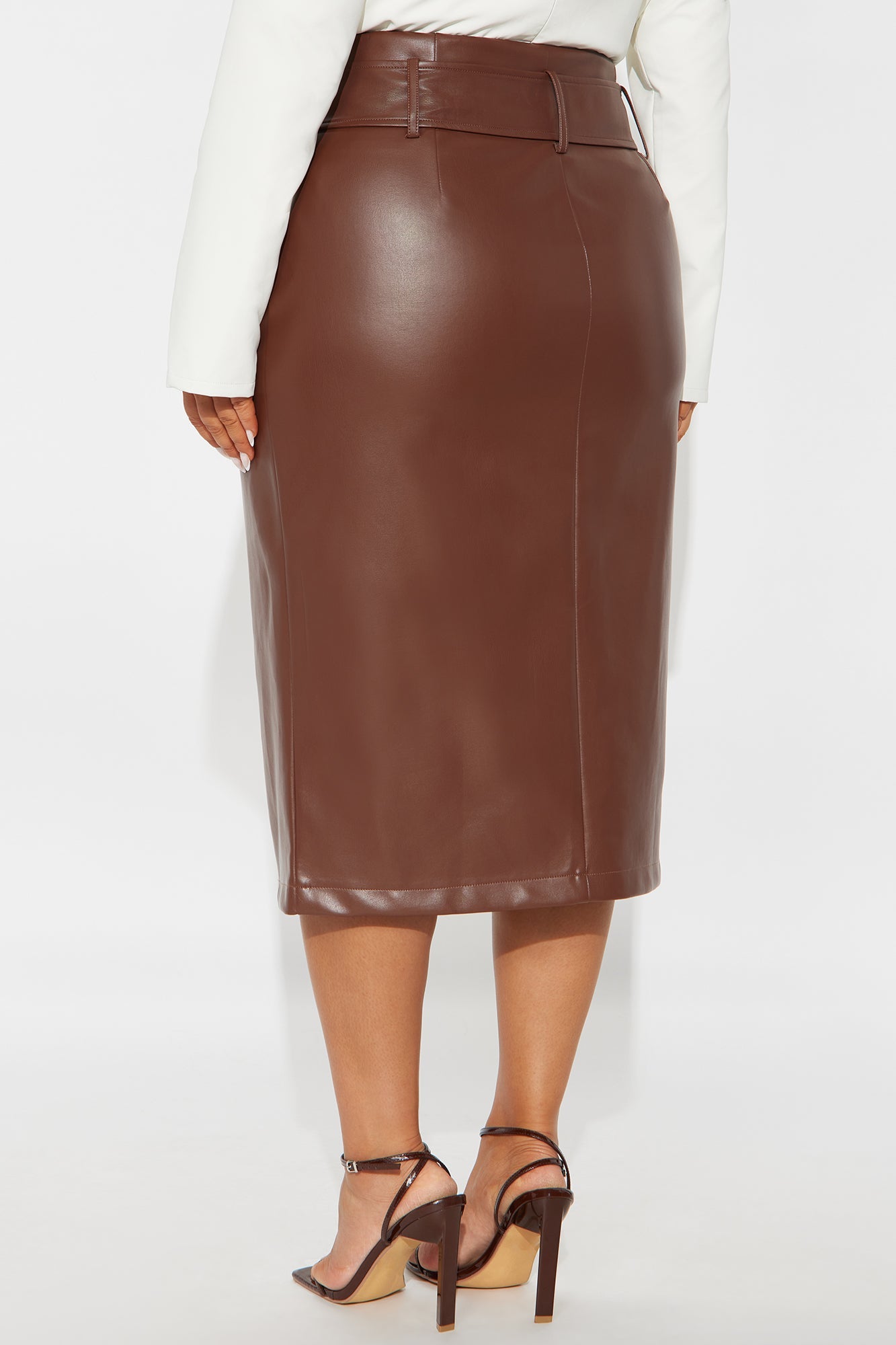 Play Fair Belted Zipper Faux Leather Pencil Skirt - Chocolate