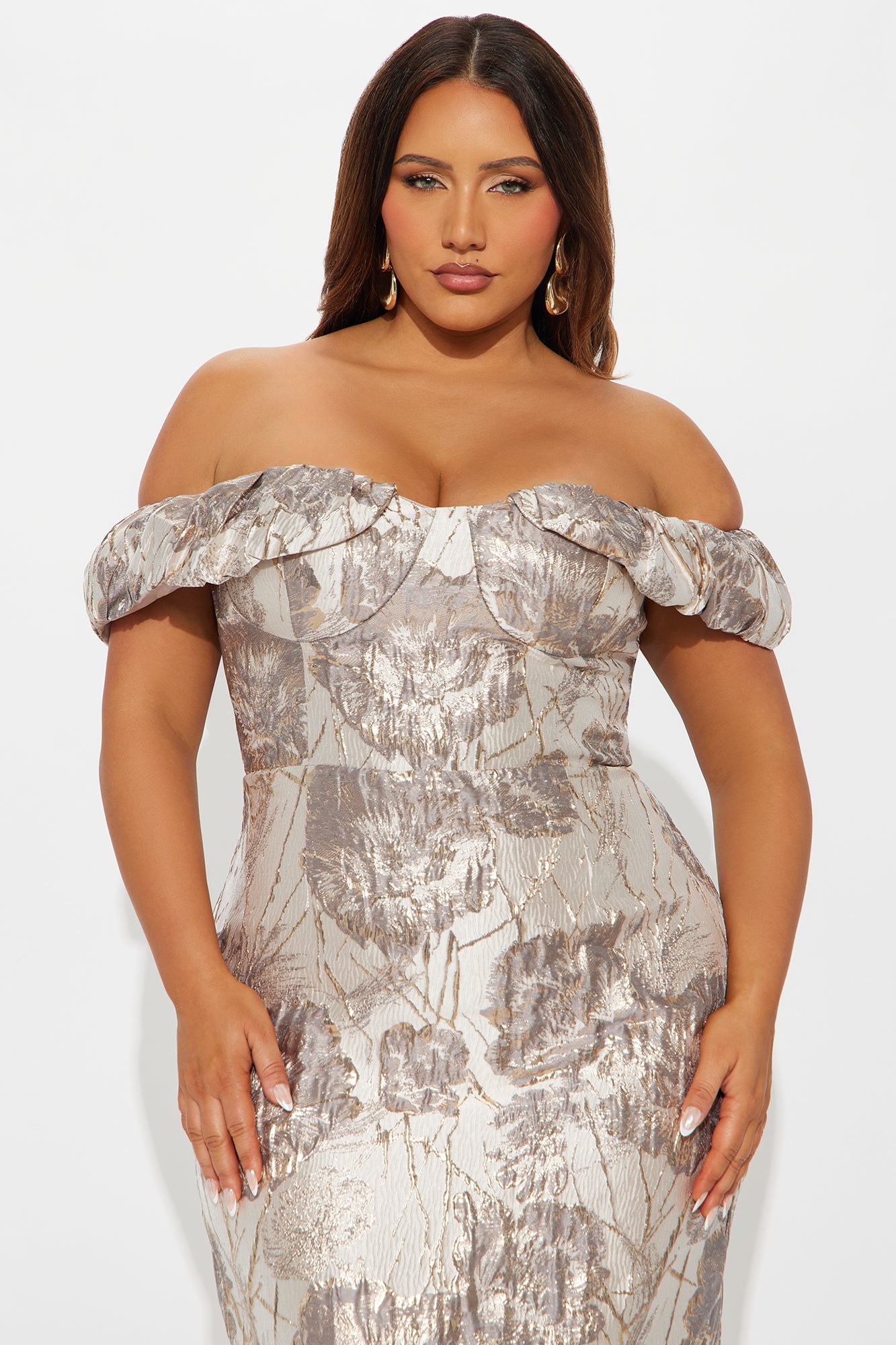 Donna Floral Off Shoulder Midi Dress - Light Taupe
