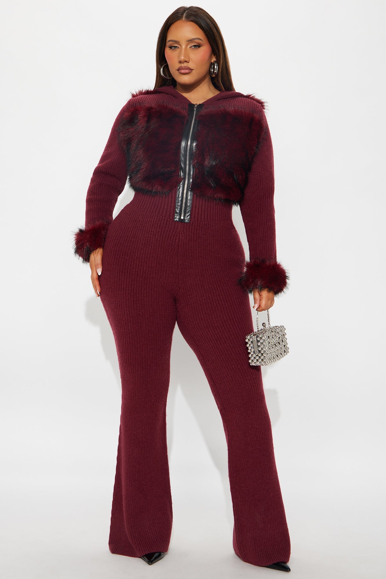 Soft Spoken Faux Fur Sweater Jumpsuit - Wine