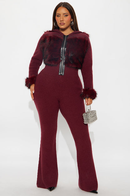 Soft Spoken Faux Fur Sweater Jumpsuit - Wine