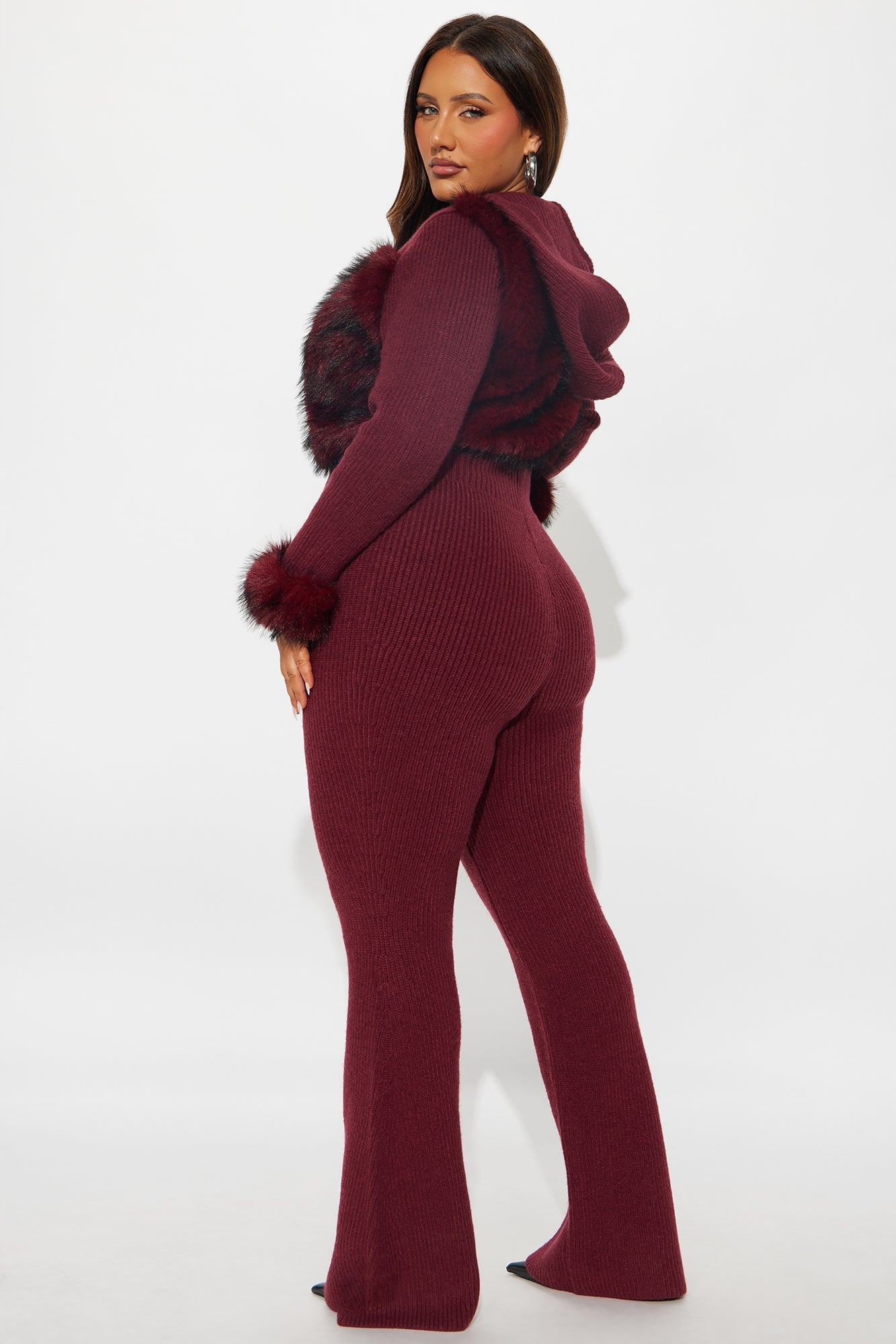 Soft Spoken Faux Fur Sweater Jumpsuit - Wine