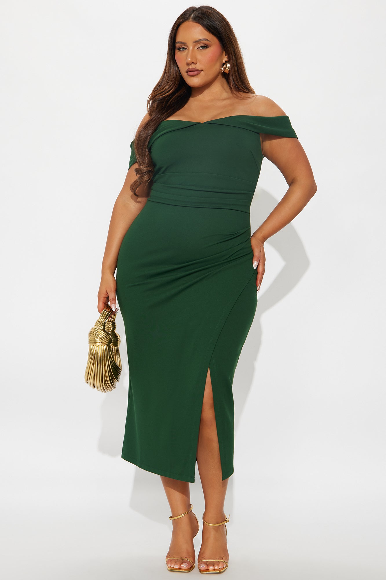 Samantha Off Shoulder Body Sculpting Ponte Midi Dress - Hunter