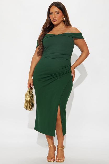 Samantha Off Shoulder Body Sculpting Ponte Midi Dress - Hunter