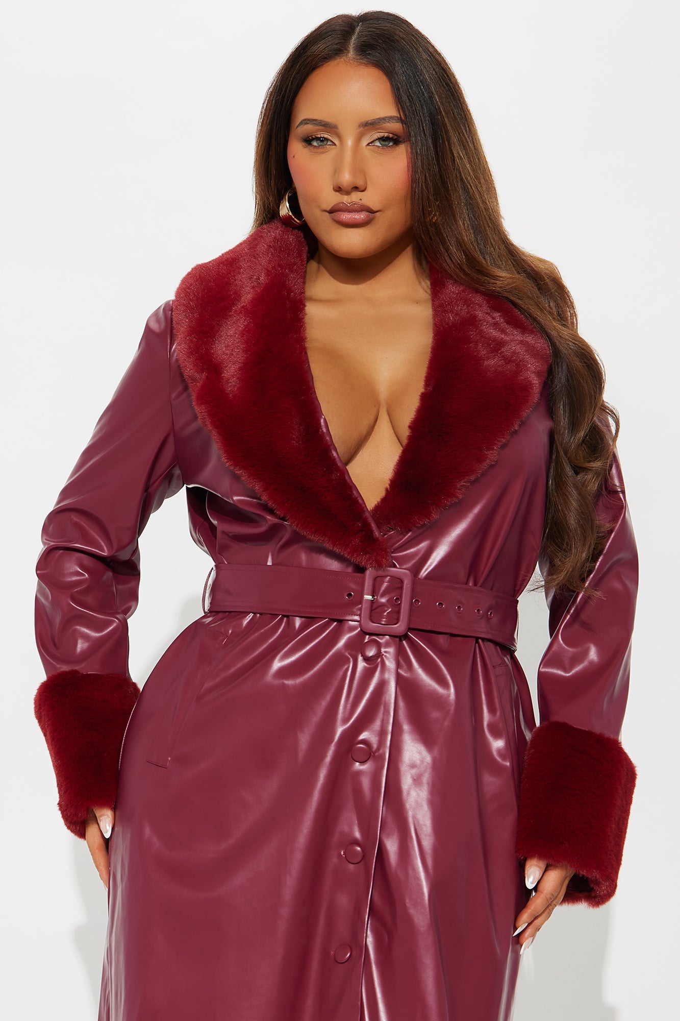 Milana Fur Trim Faux Leather Coat - Raspberry