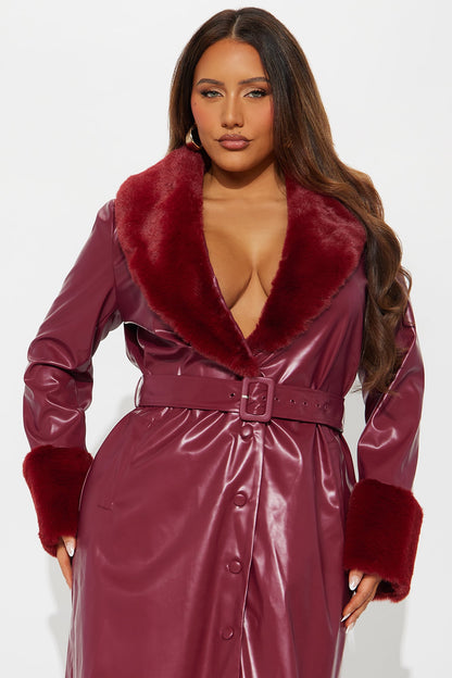 Milana Fur Trim Faux Leather Coat - Raspberry