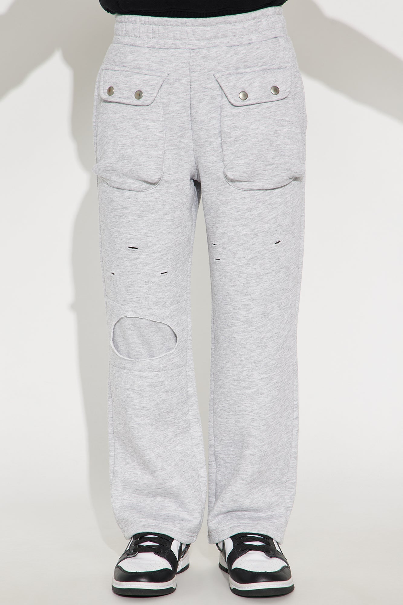 Mini Baggy Snap Pocket Distressed Sweatpants - Heather Grey