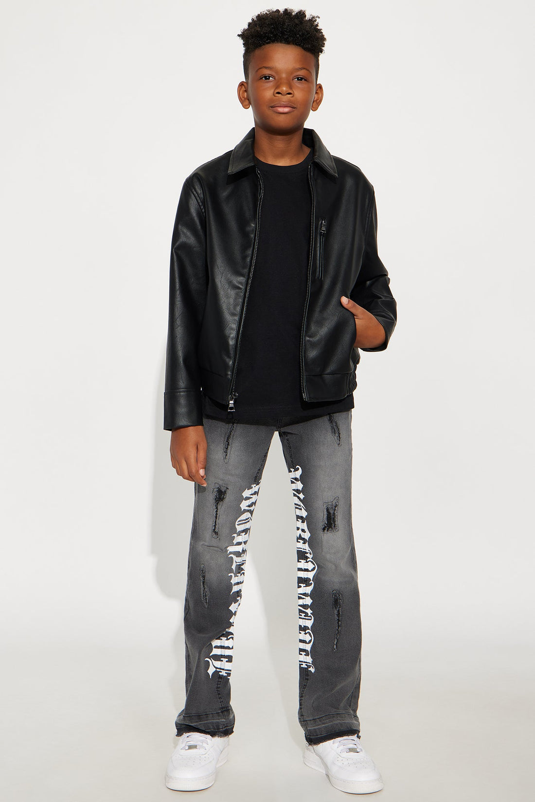 Mini Embroidered Skull Faux Leather Jacket - Black