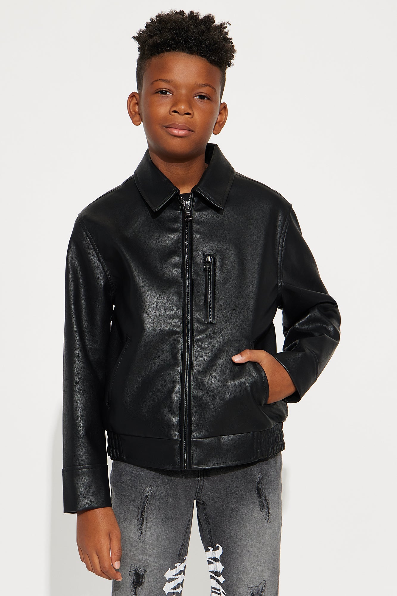 Mini Embroidered Skull Faux Leather Jacket - Black