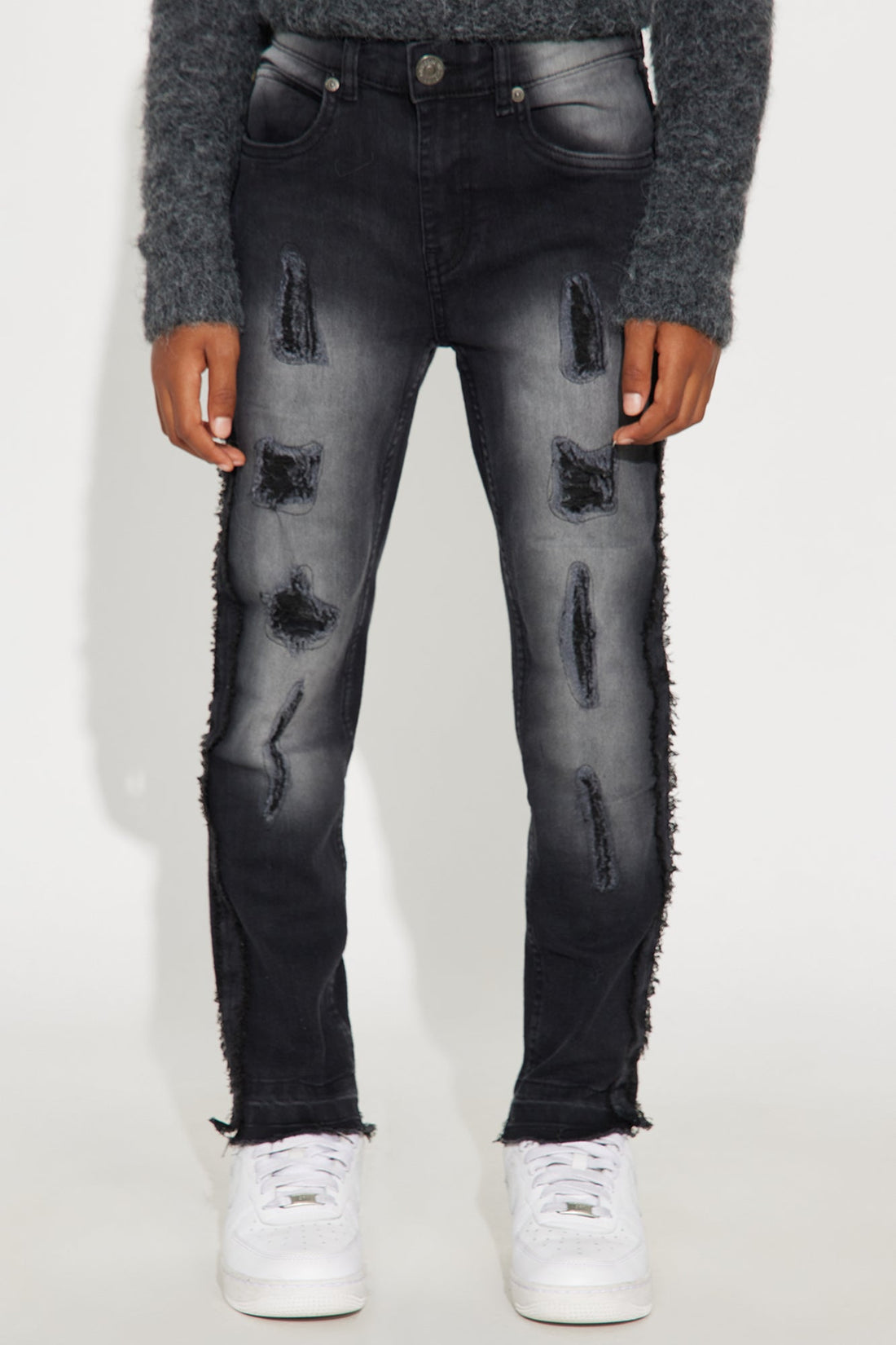 Mini Caleb Distressed Straight Leg Jeans - Charcoal