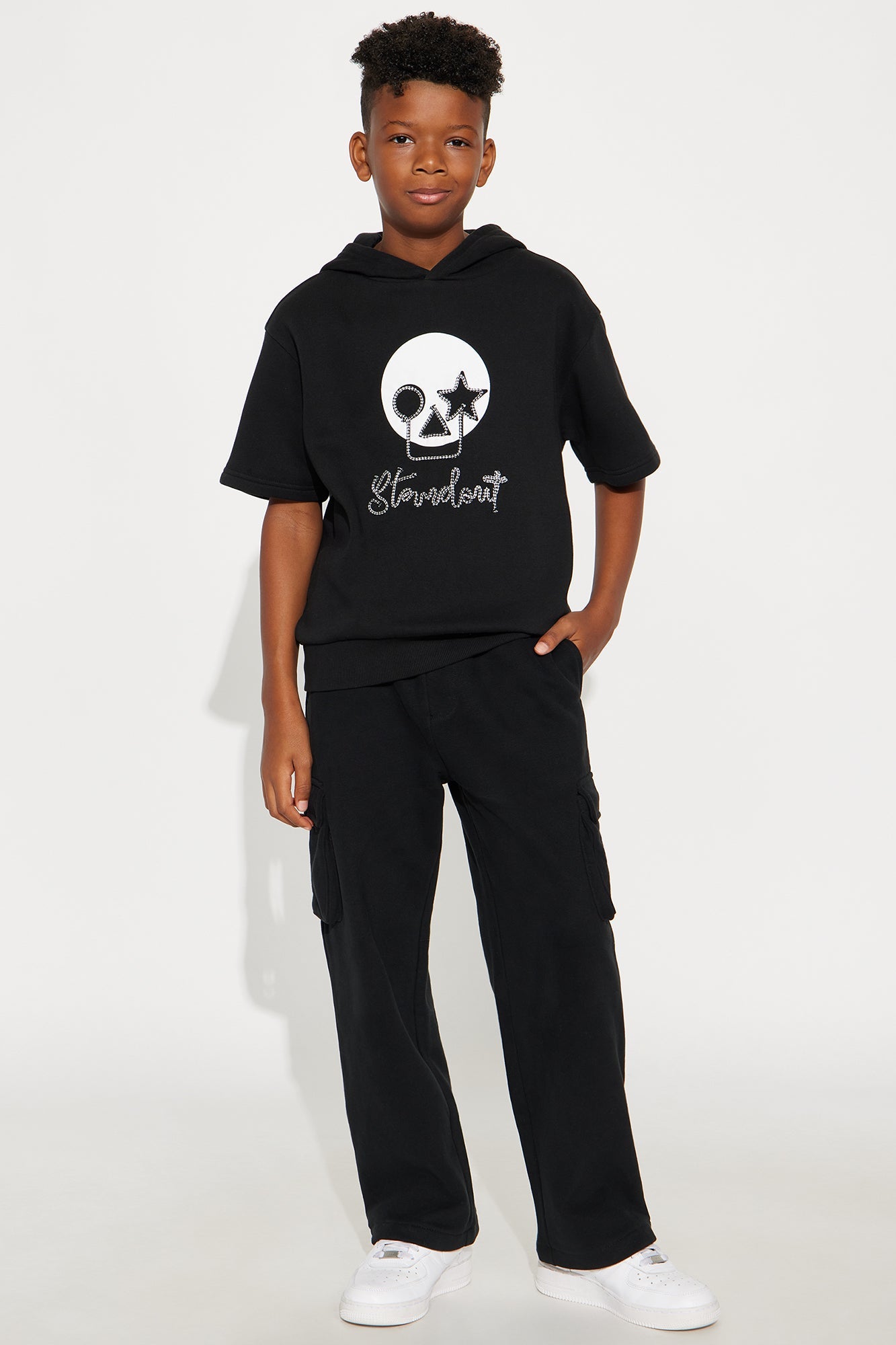 Mini Standout Cording Short Sleeve Hoodie - Black