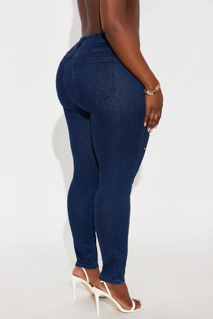 Dripping In Pearls Embellished Skinny Jeans - Dark Wash