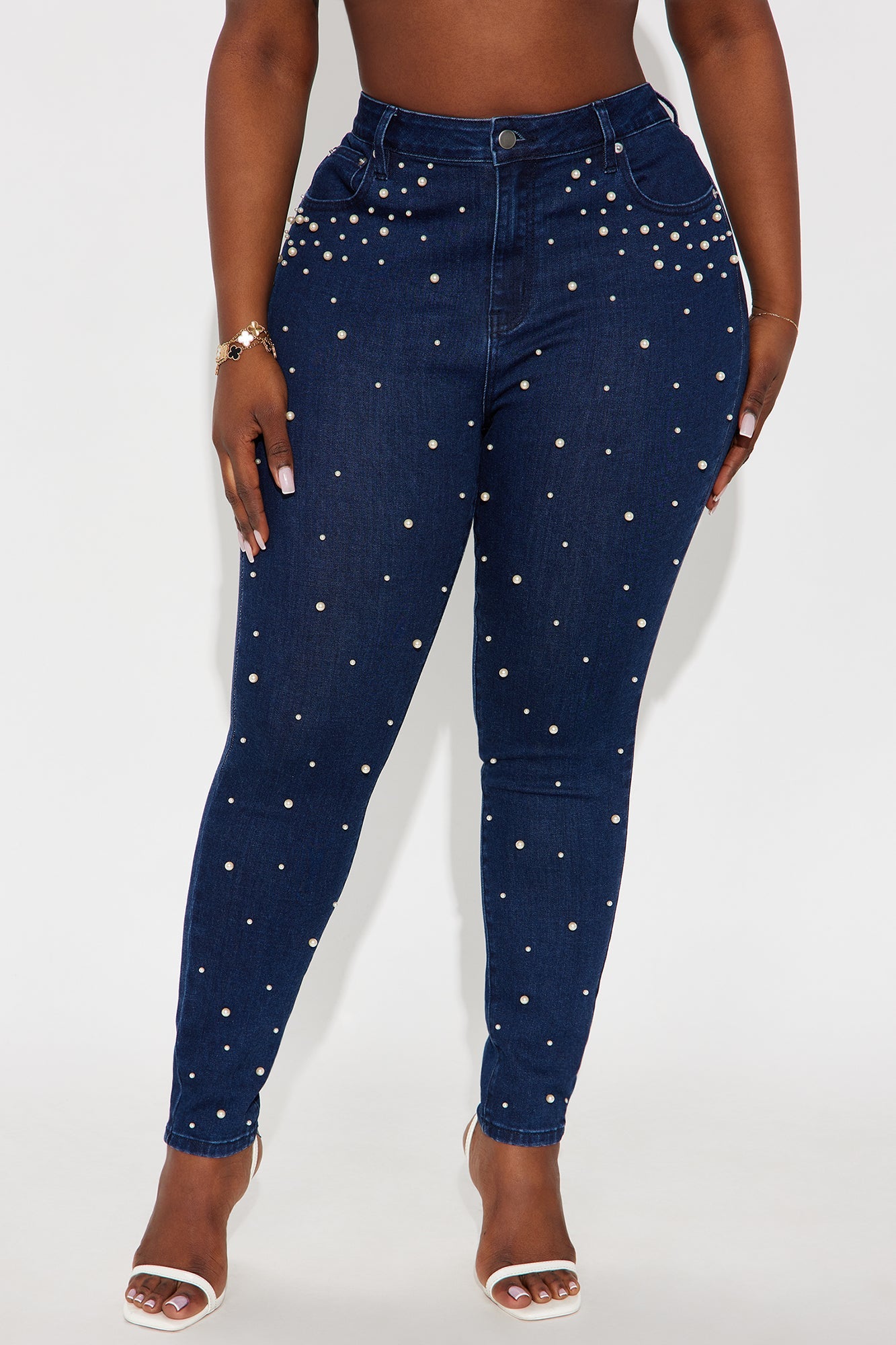 Dripping In Pearls Embellished Skinny Jeans - Dark Wash