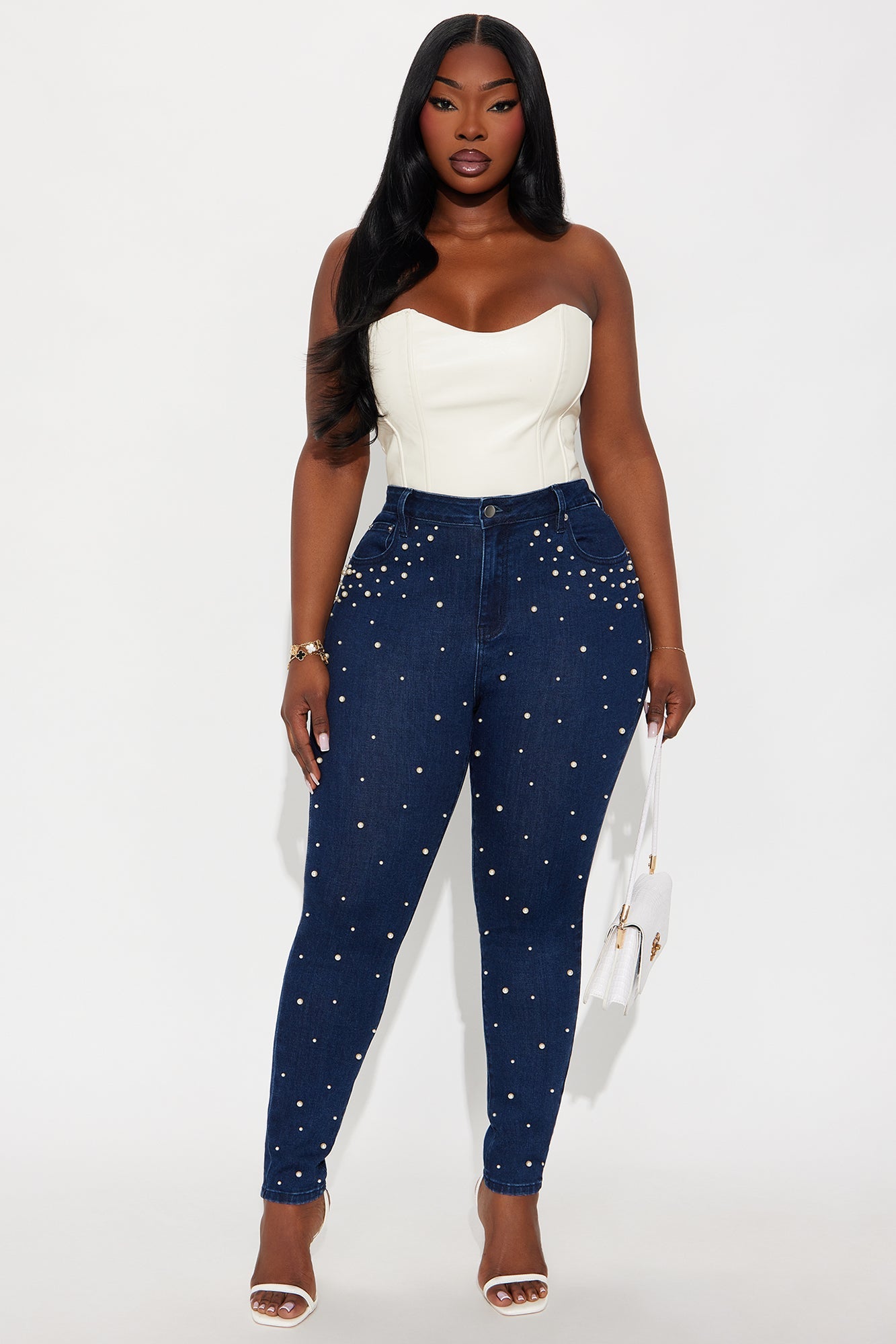 Dripping In Pearls Embellished Skinny Jeans - Dark Wash
