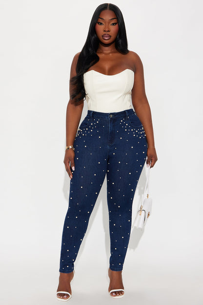 Dripping In Pearls Embellished Skinny Jeans - Dark Wash