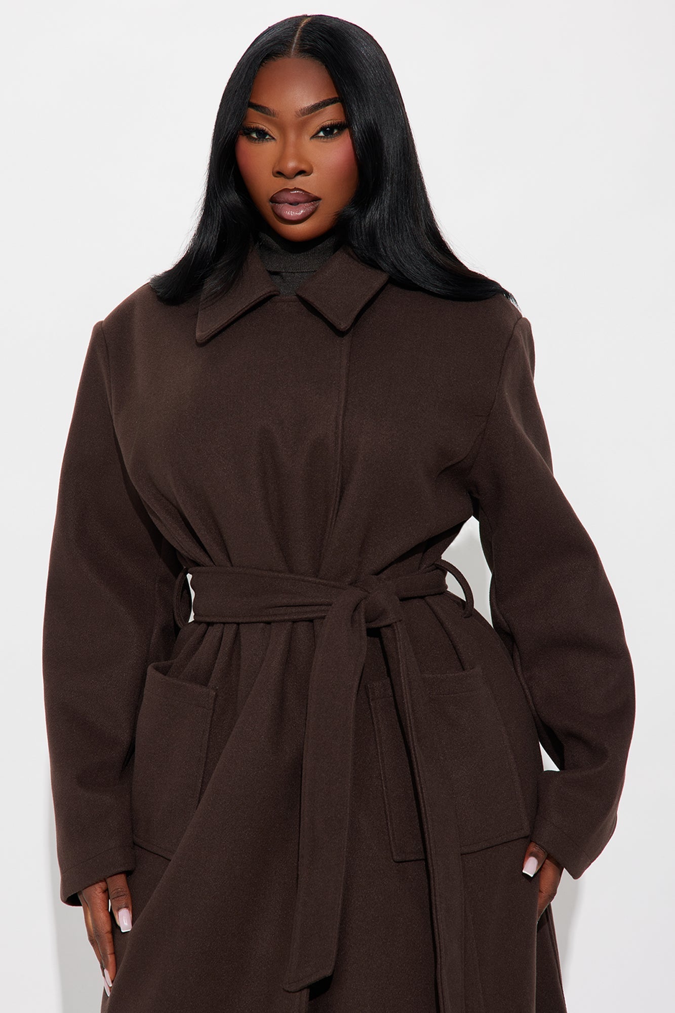 Executive Decision Belted Power Shoulder Coat - Brown