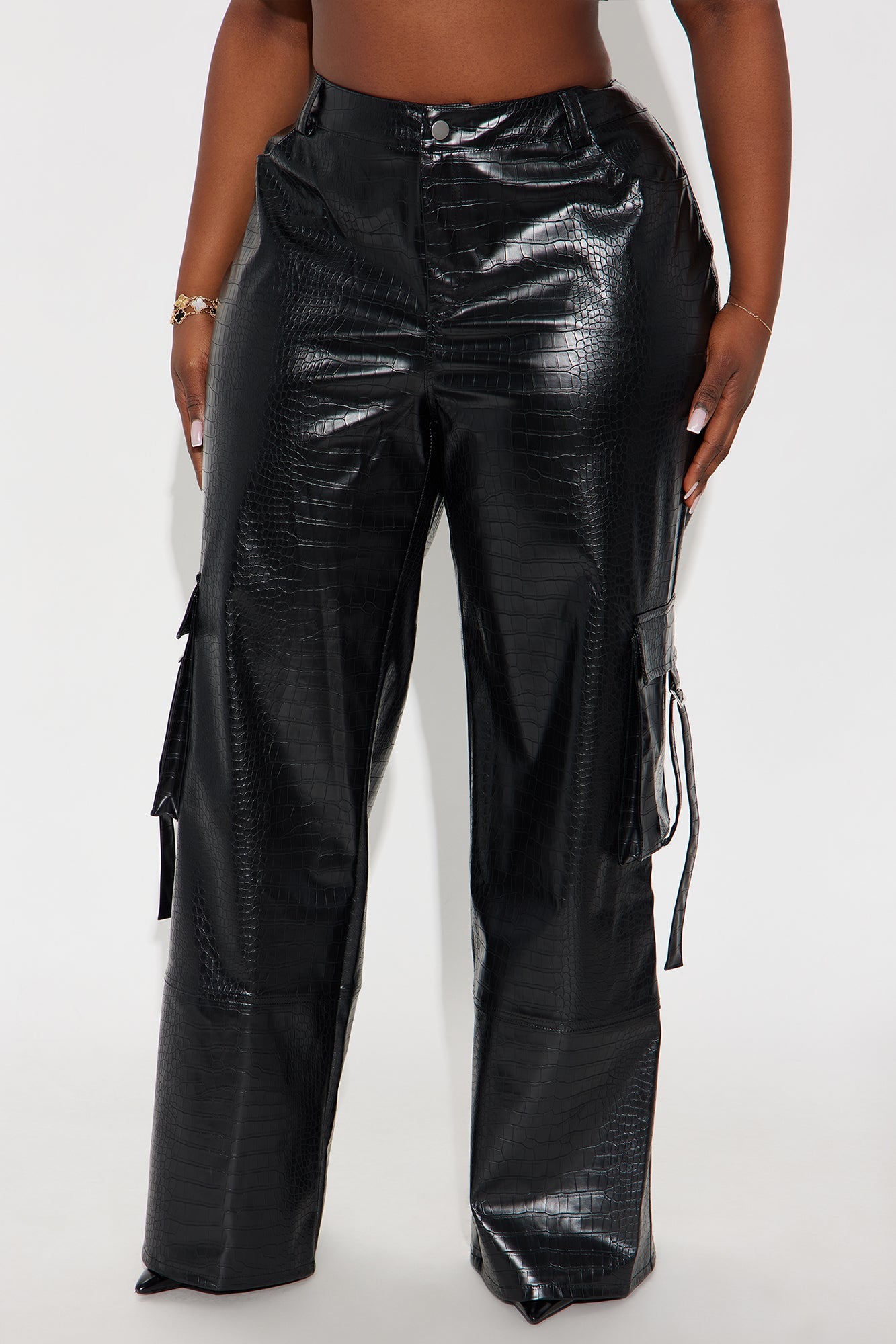 Gigi Embossed Croc Faux Leather Cargo Pant 32″ - Black