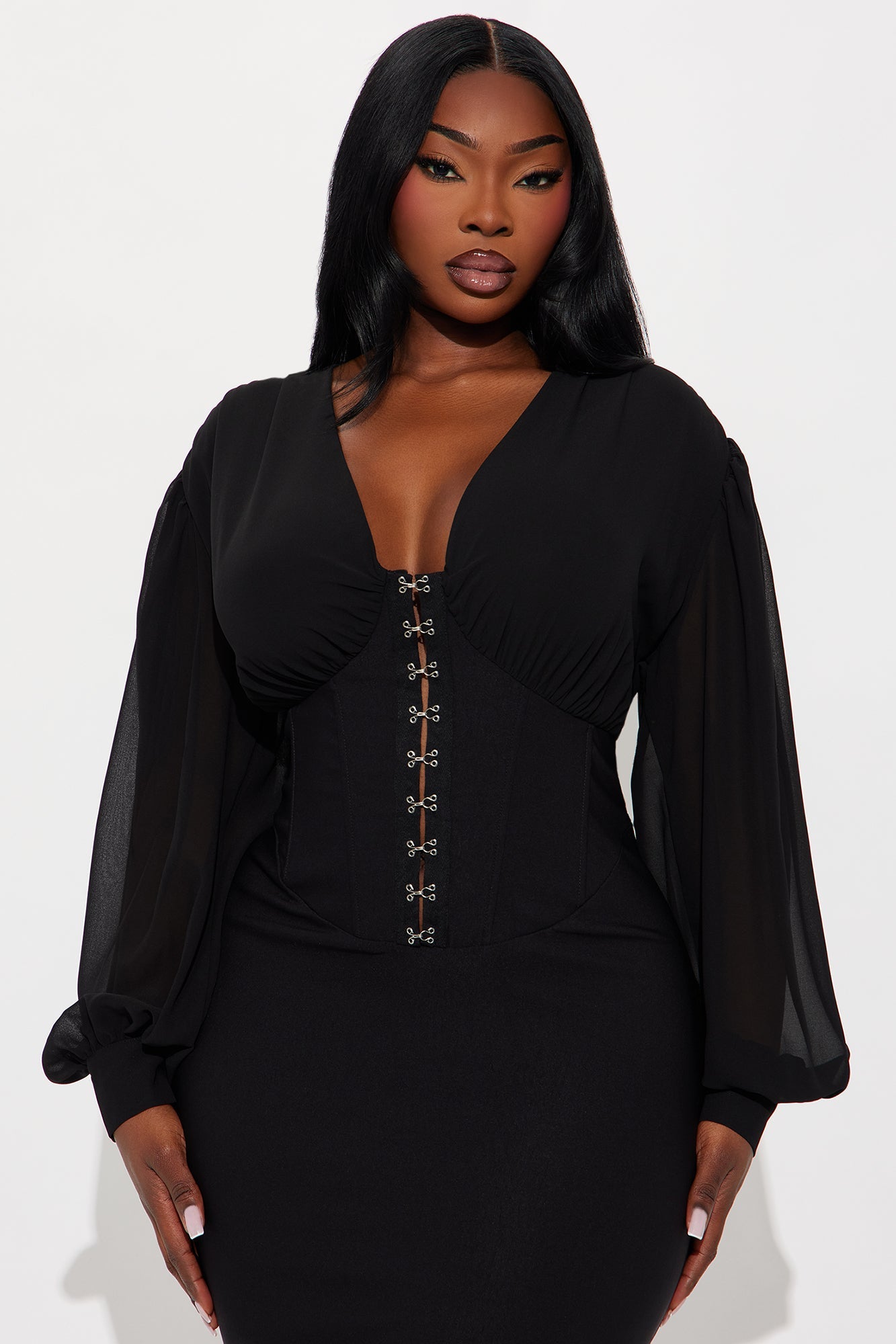 Cute But Psycho Chiffon Corset Midi Dress - Black