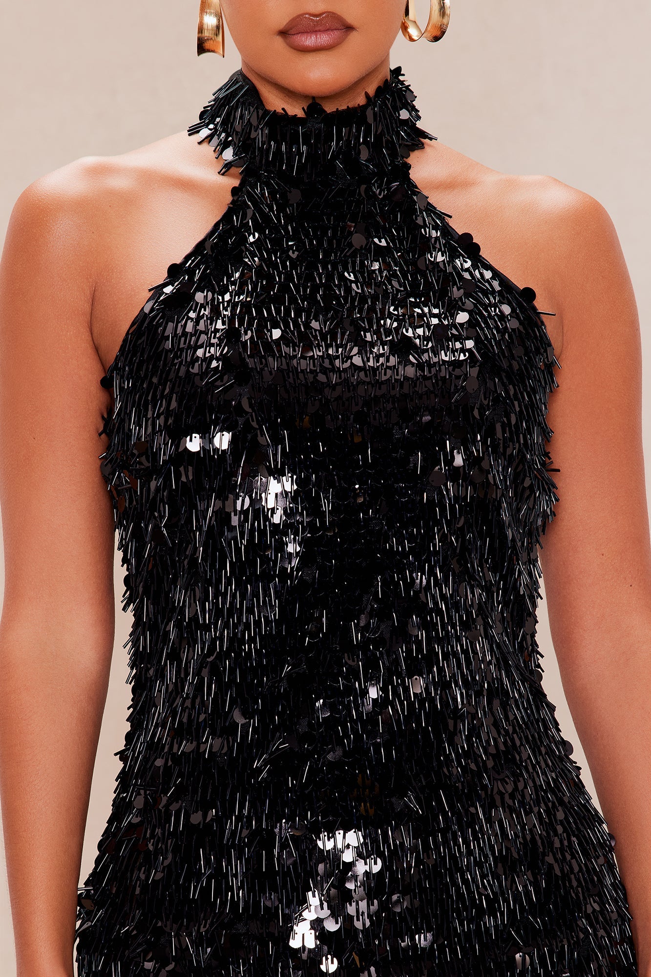 Mariella Mock Neck Sequin Midi Dress - Black